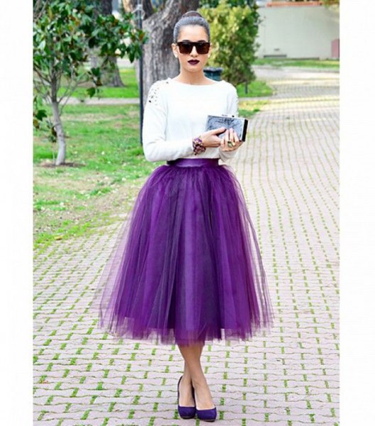 white long-sleeved top with purple tulle midi skirt
