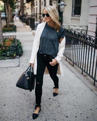 white cardigan with long sweater, heather gray short-sleeved T-shirt and black jeans