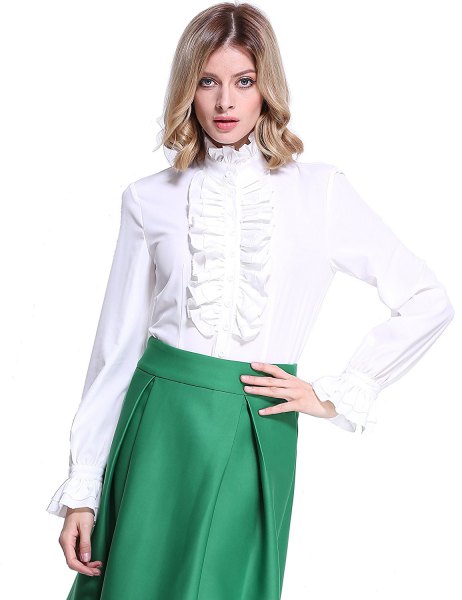 white lotus ruffle blouse, olive-green, high-waisted midi skirt