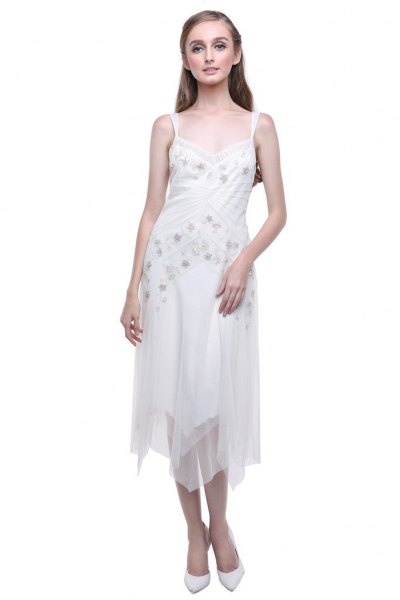 white, floral embroidered midi chiffon flapper dress with a low cut