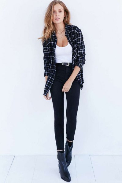 white, low-cut tank top with a checked boyfriend shirt and short black jeans