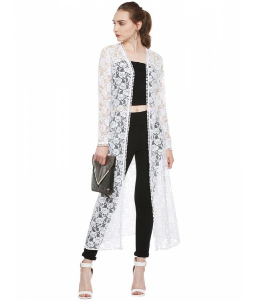 white maxi floral lace shrug black crop top skinny jeans