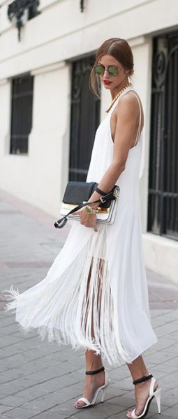 white maxi fringed dress with high division