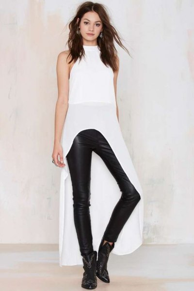 white maxi high low mock neck top leather pants