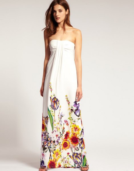 white strapless maxi dress with colorful details with floral print