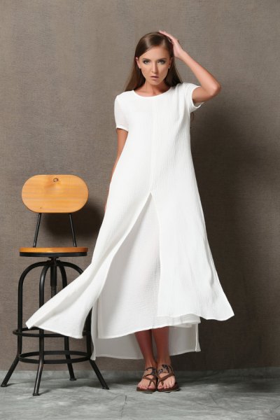 white, two-layer, flared maxi dress