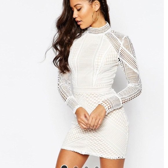 white mock neck fit and flare mini dress