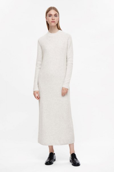 white maxi cashmere dress with mocked neck, black slippers