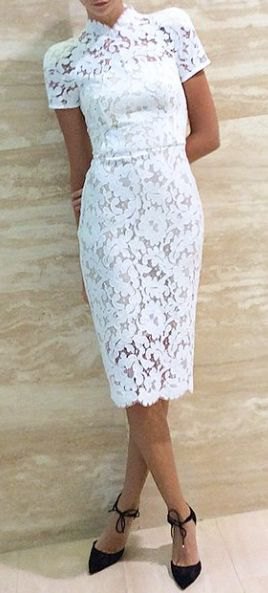 white, short-sleeved, figure-hugging midi dress made of lace
