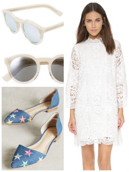 white, three-quarter-sleeved lace mini dress with mock neck and flats with denim star print