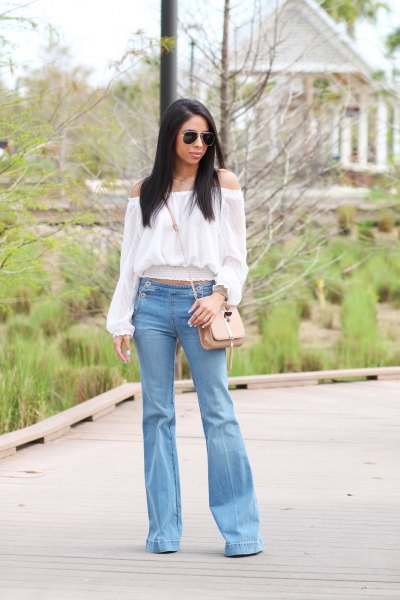 white off shoulder blouse light blue jeans