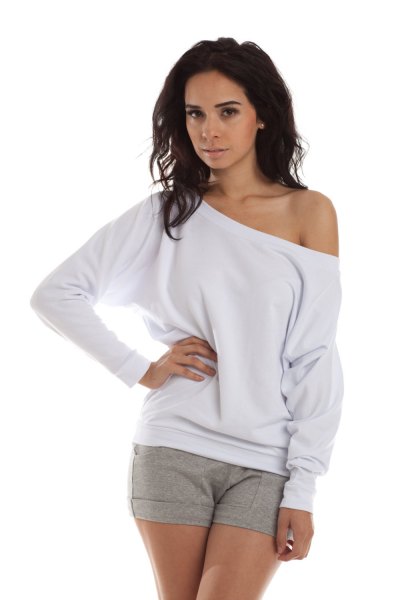 white off the shoulder sweatshirt gray mini cotton shorts