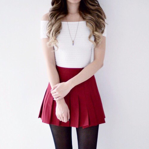 white off shoulder red mini pleated skirt