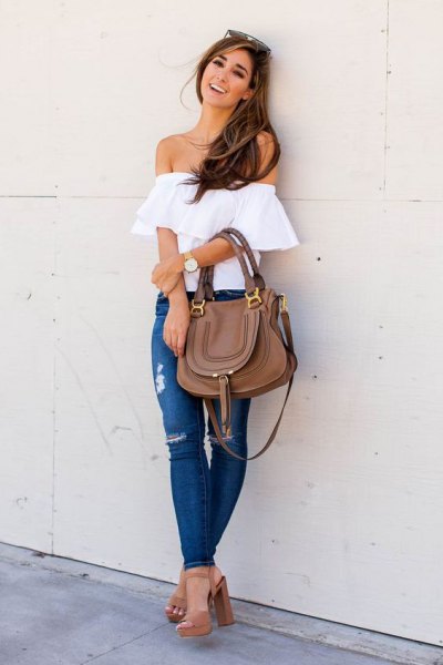 white strapless top jeans