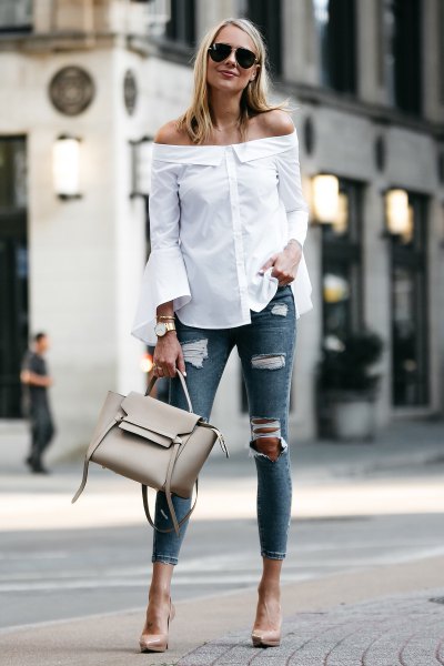 white off the shoulder bell sleeve shirt