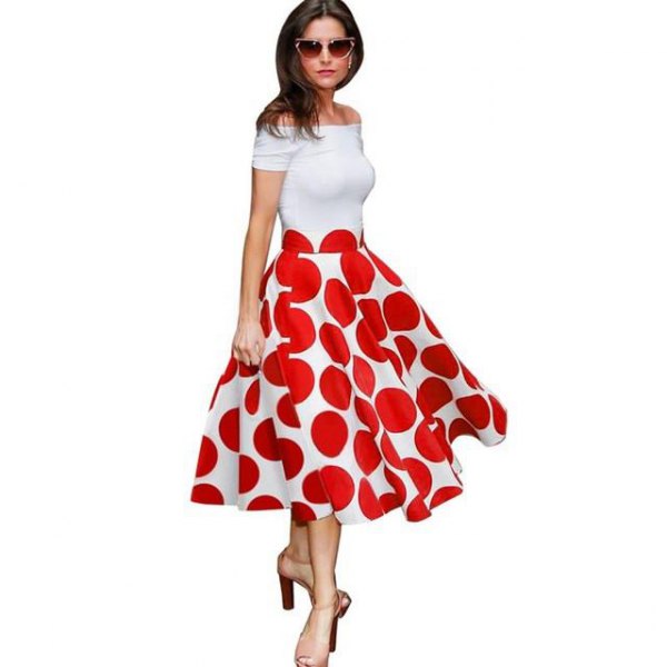 white, off-the-shoulder midi dress with a red polka dot pattern
