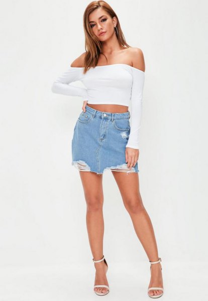 white, off-the-shoulder, long-sleeved, short top with mini skirt