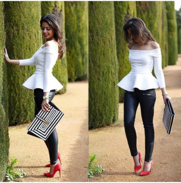 white strapless long-sleeved peplum top with black leather pants