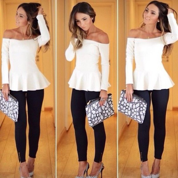 white, off-the-shoulder, elegant tunic blouse with black skinny jeans