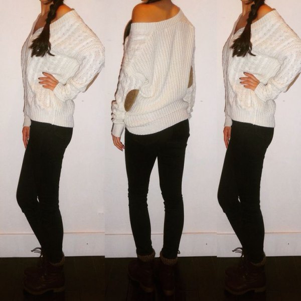 white one-shoulder knit sweater with cable pattern