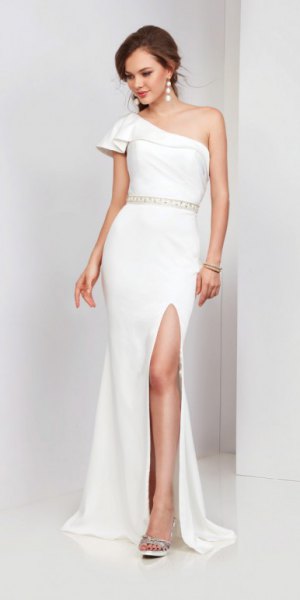 white one shoulder ruffled waist high split maxi dress
