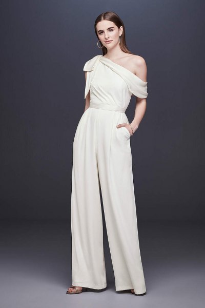 white formal jumpsuit with one shoulder and relaxed fit