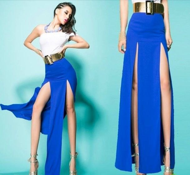 white top with one shoulder, royal blue maxi skirt and gold belt
