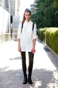 white, oversized shirt with buttons, black skinny jeans and leather ankle boots