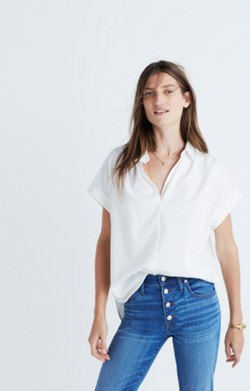 white, oversized skinny jeans with short-sleeved shirt and button placket