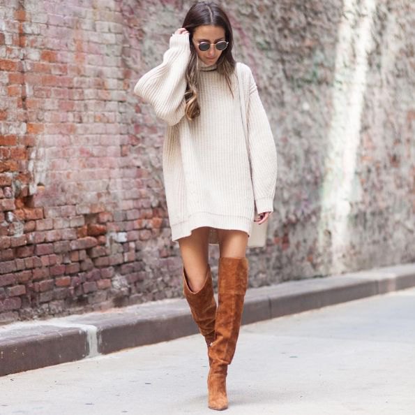 white oversized sweater with camel over-the-knee suede boots