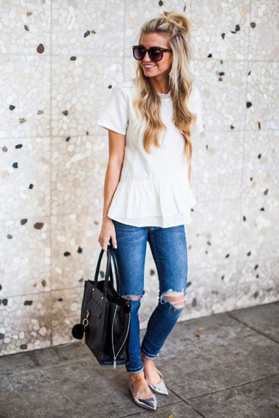 white peplum blouse with ripped jeans and silver metallic pointed flats