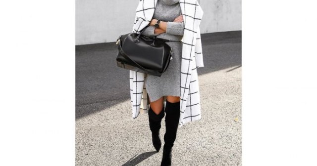 white plaid longline wool coat with black sweater boots