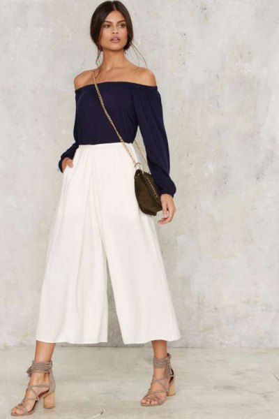 white pleaded culottes off the shoulder black top