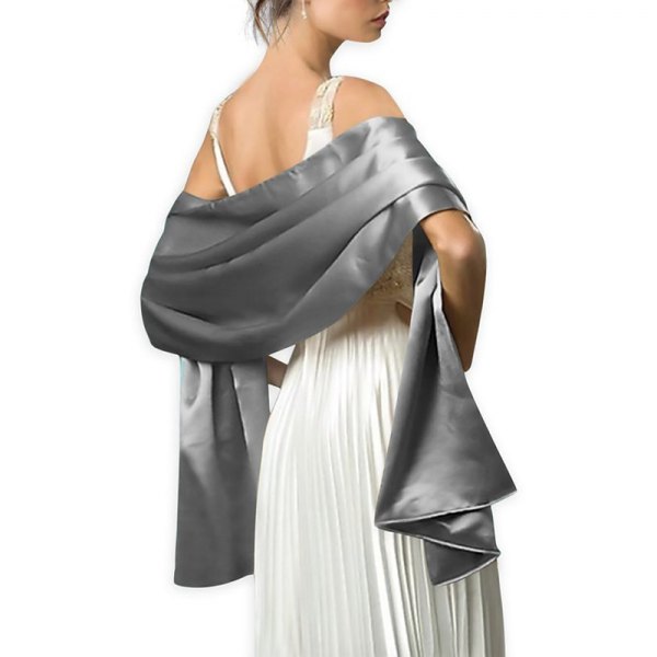 white pleated midi dress with a silver silk evening scarf
