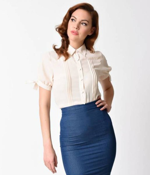 white vintage shirt with pleats and fitted midi skirt in navy blue