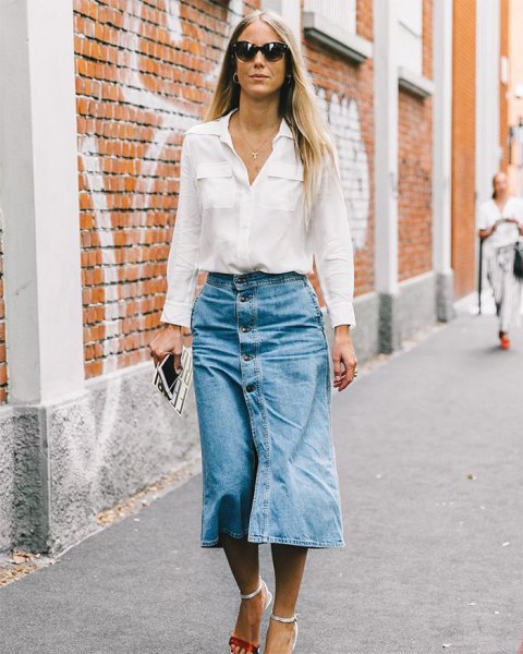 white shirt with pocket front and midi skirt with jeans button in front