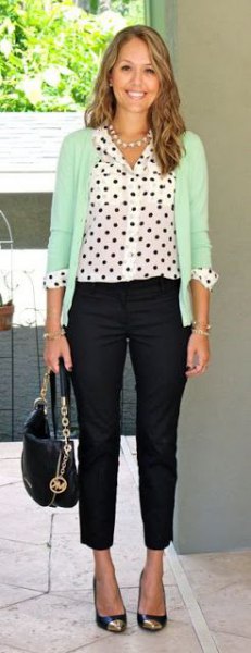 white polka dot shirt cream-colored cardigan black drainpipe pants