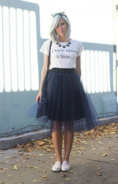 white printed t-shirt with black two-layer dress