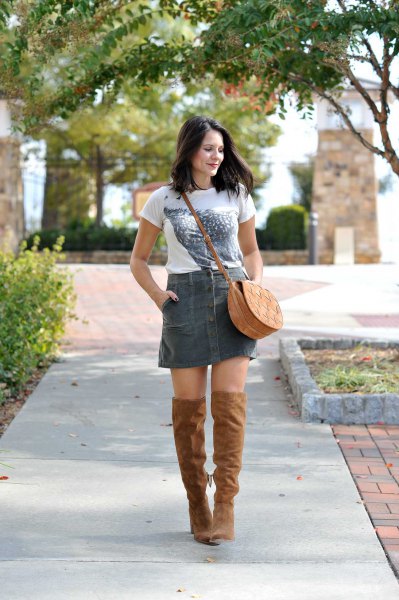 white printed T-shirt with gray corduroy mini skirt and overknee boots