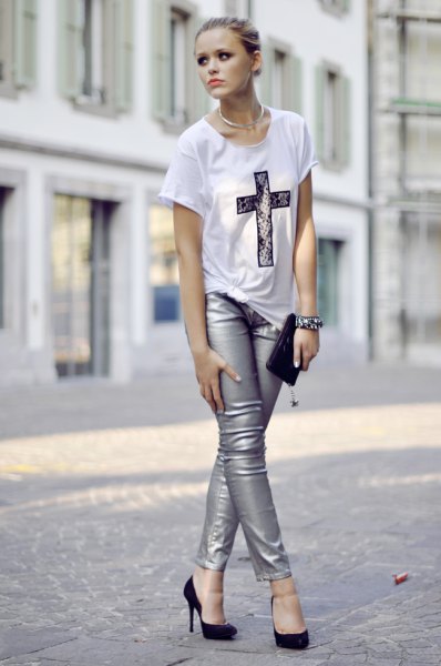 white printed T-shirt with silver skinny jeans