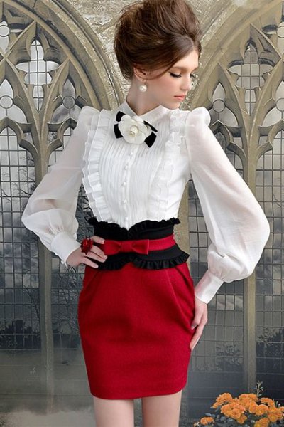 white puff-sleeved blouse red figure-hugging mini skirt