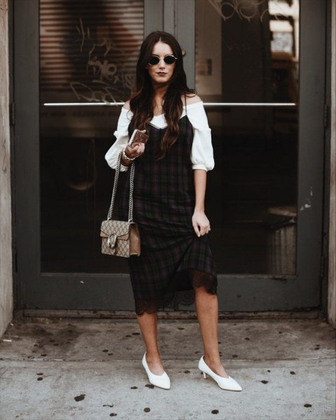 white puffed sleeves from the shoulder blouse with black and burgundy checked shift dress