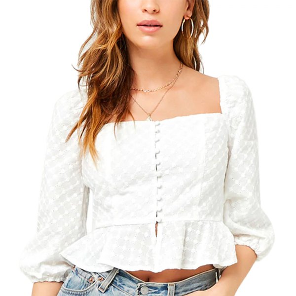 white blouse with ruffles and square neckline and jeans