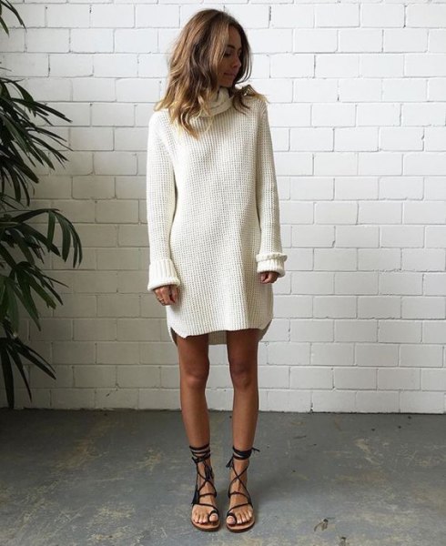 white, ribbed sweater dress with black, flat gladiator sandals
