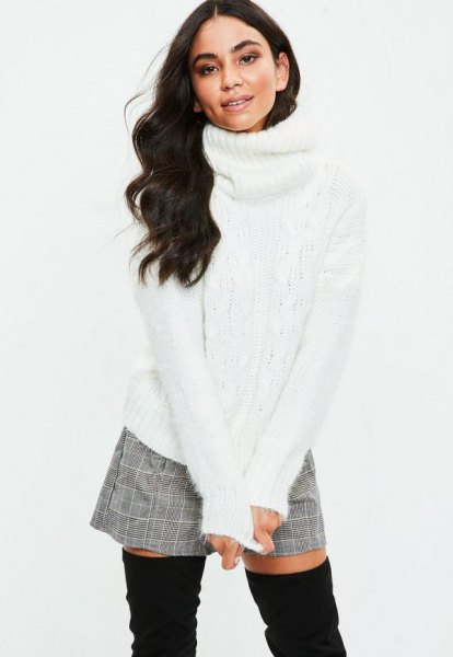 white turtleneck with gray plaid and mini-shorts