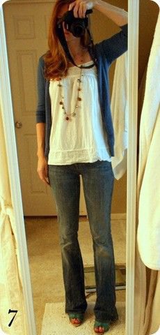white, ruffled, flowing tank top with dark blue cardigan