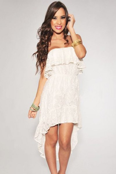 Strapless, high, low lace dress with white ruffles
