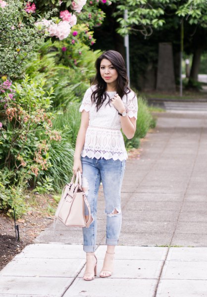white lace peplum with scalloped hem and boyfriend jeans with cuff