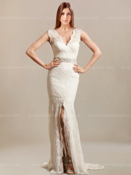 white, scalloped neckline fit and floor-length, high split, flowing dress
