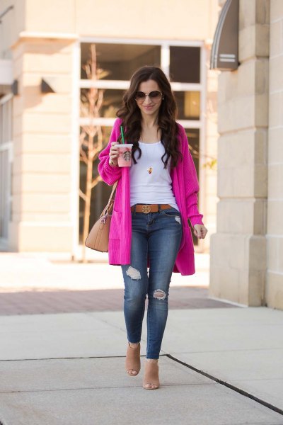 white tank top with scoop neckline and pink cardigan